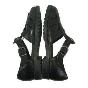 Vintage T Strap Sandals Womens Size 7 Black Leather Shoes Closed Toed Woven Leat